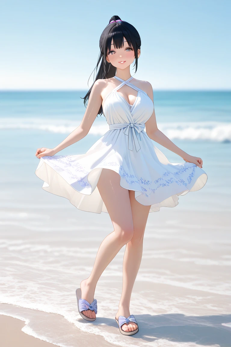 Highest quality, masterpiece, , ,short, Huge breasts, Gray Hair,Low twin tails, Purple eyes, Yukinecris, Thin twin tails,, Beach, Ocean, White Dress, White Skirt, White dress, Straw hat,  (((shy))), (Happy), Leaning forward, summer, From above, Reaching out, smile,