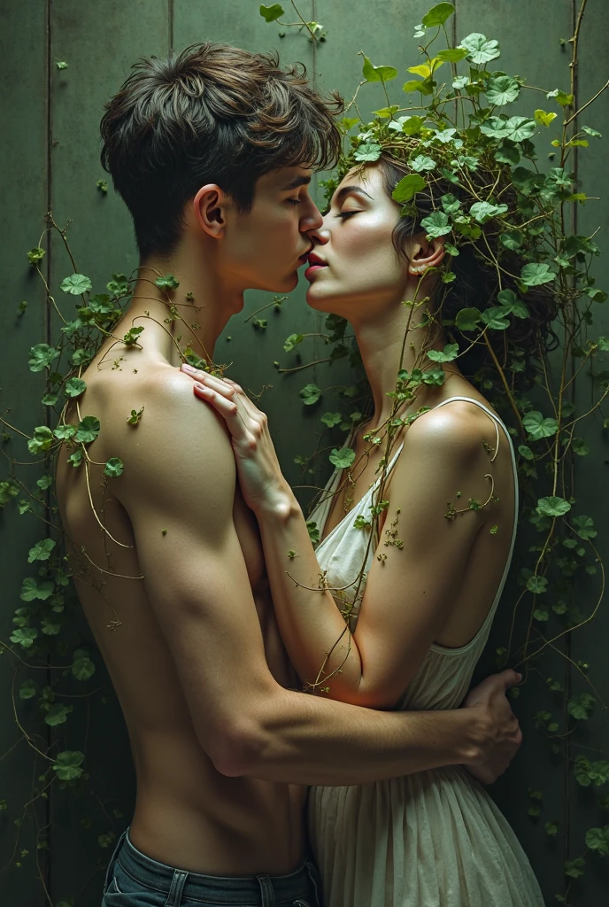 A couple of 13-year-old lovers, the same height, naked and embracing, in a forest of ferns with a blue sky and white clouds in the background, with their feet bare under the thin grass. They are in a loving and intimate pose and with a look of pleasure. They are sensually embraced and completely naked and barefoot under the thin grass, standing head to toe barefoot in a forest of ferns with a blue sky and white clouds in the background. The boy must have an erect penis and a muscular chest. and the girl must have a vagina. The boy and girl must have a slender body and the same height. The boy and girl must be completely naked and hugging each other.