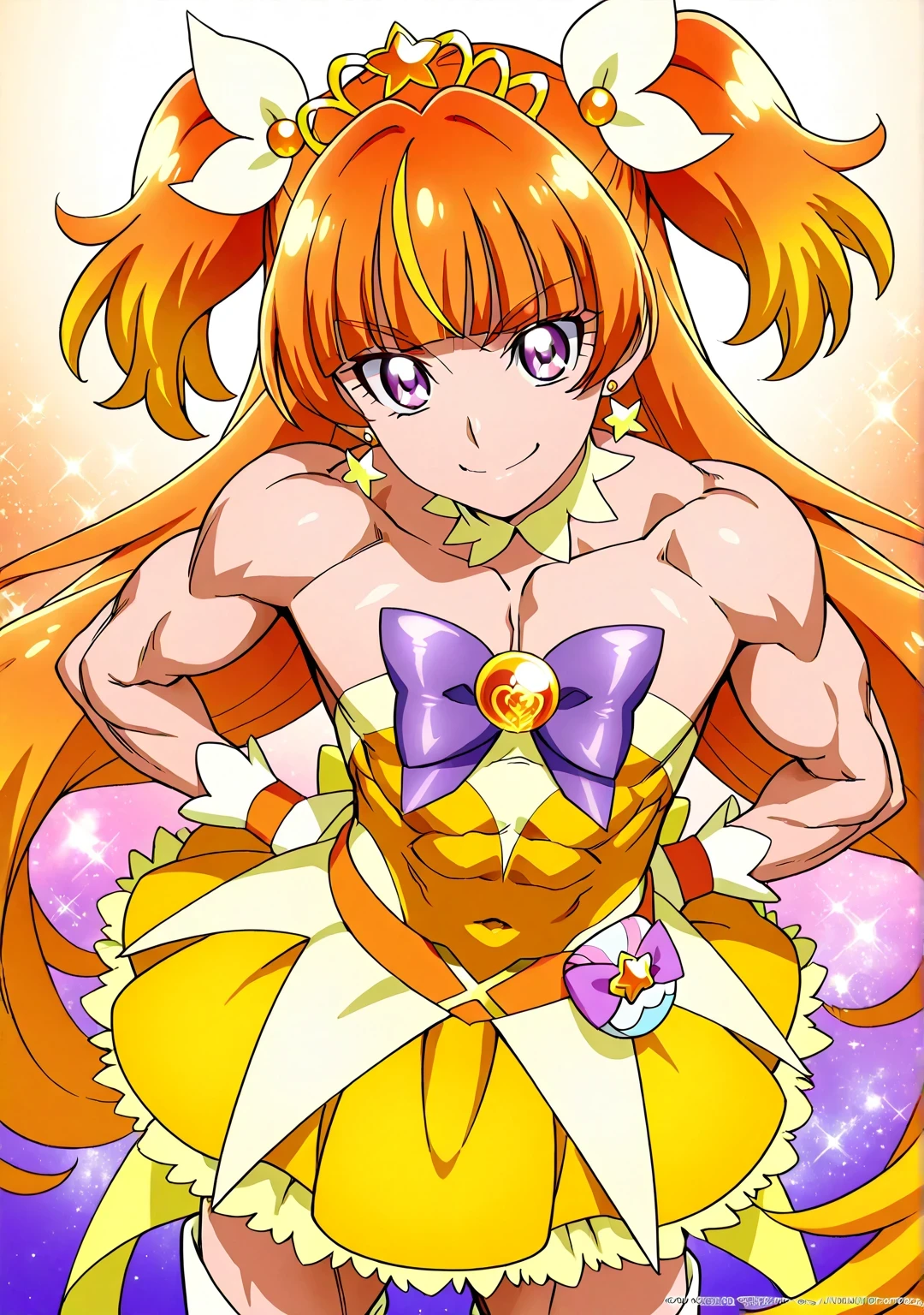 score 9 、score 8 up、score 7 up、source anime、傑作、Best quality、Best resolution、anime coloring、1boy、cure twinkle、(male:1.6)、man is wearing a yellow strapless dress、orange brown haired boy、official art、solo、long hair、orange hair、low tied long hair、multicolored hair、brown hair、two tone hair、gradient hair、streaked hair、blunt bangs、high short twintails hair、low two side up hair、quad tails、tiara、golden hair accessories、Jewelry ブローチ、muscular and strong、white boots、strapless dress、sexy、thigh boots、strong muscles、yellow tutu skirt、purple bow、yellow bow、sparking magical boy、sexy atmosphere、purple puffy mini skirt、layered skirt、ultra mega super hyper sexy、purple puffy mini skirt under the yellow tutu skirt、男性的で筋肉質、official artwork、anime prince、purple eyes、official anime artwork、muscular man、wrist cuffs、purple bow tie、orange belt、collarbone、trapezius、covered midriff、covered abs、covered navel、 covered stomach、upper pectoralis major、covered pectoralis major、biceps、biceps long head、biceps short head、triceps、triceps medial head、triceps lateral head、triceps long head、deltoids、anterior deltoids、middle deltoids、posterior deltoids、thigh muscles、semitendinosus muscles、covered hamstrings、covered adductor magnus muscles、official anime art、キレイ、bare shoulders、bare arms、bare thighs、かっこいいアニメの男の子、(manly:1.ellow mini dress、sexy boy、cool boy、adult boy、lewd boy、white thigh high boots、ドレスアップダーリンアニメ、naughty smile、lewd smile、official anime artwork 、sexy male、galaxy aura、lewd male、perfect body、perfect hands、perfect arms、perfect legs、male focus、looking at viewer、cure twinkle outfit、solo focus、cowboy shot、(male body:1.6)、beefcake style、(male face:1.6)、orange background、purple background、gradient background、two tone background、multicolored background、