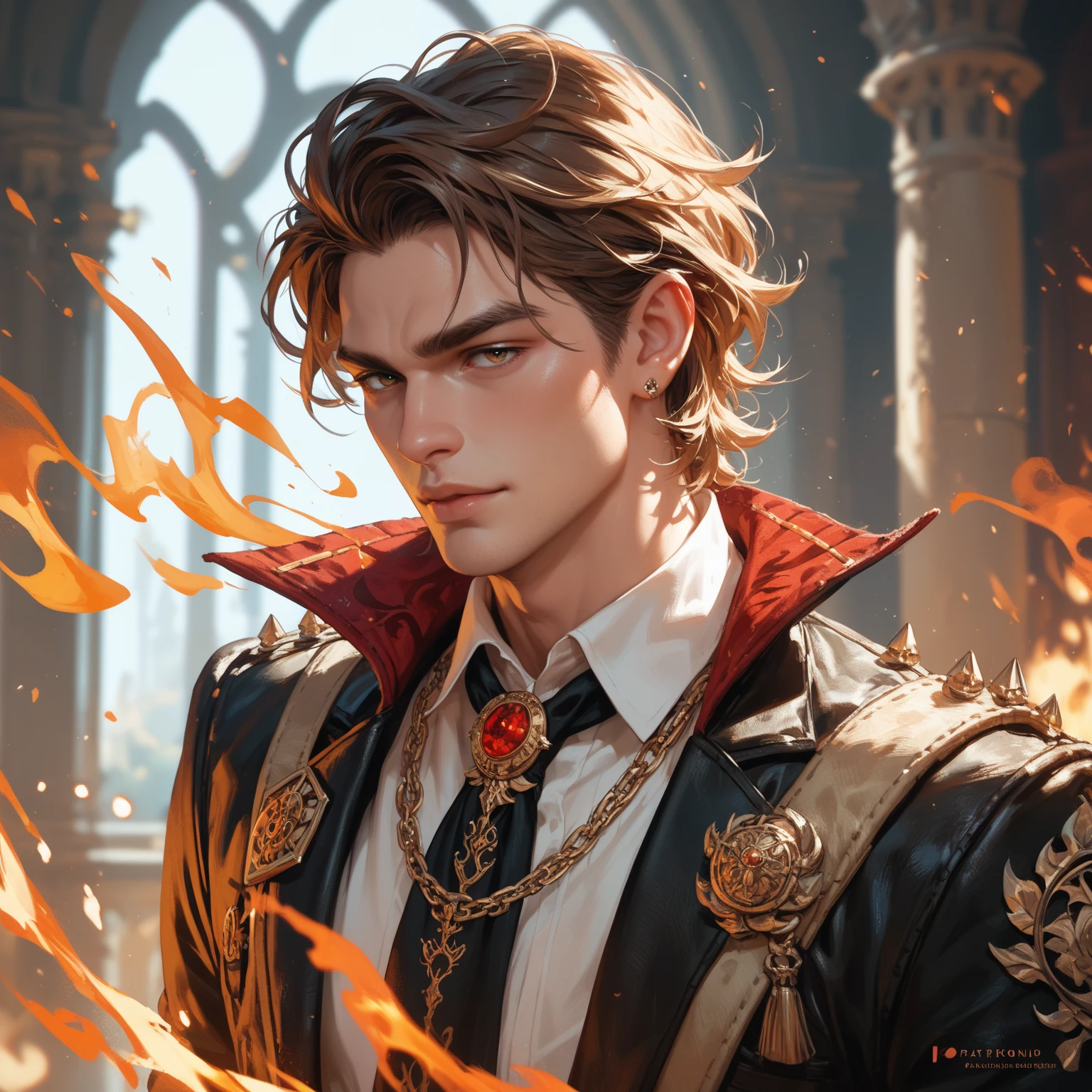 Best quality, masterpiece, ultra high res, (photorealistic:1.4), raw photo, 1boy, circus master, cinematic lighting, ((male)), fierce, fire element, red hair
