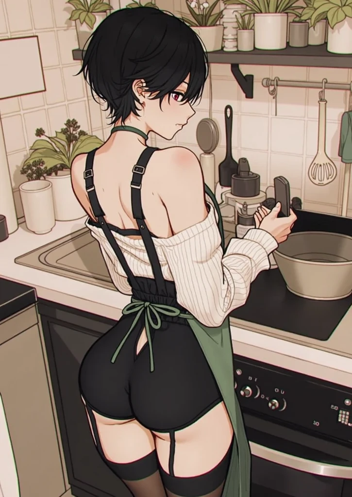 1 girl, narrow waist, sexy hips, thick thighs, wearing only black bra and black underwear, in the kitchen counter, while cooking we suddenly go and hug her from behind, looking back at the viewer blushing in shyness and shock, view from back, full body view, masterpiece, HD, no blurring, perfect, smooth