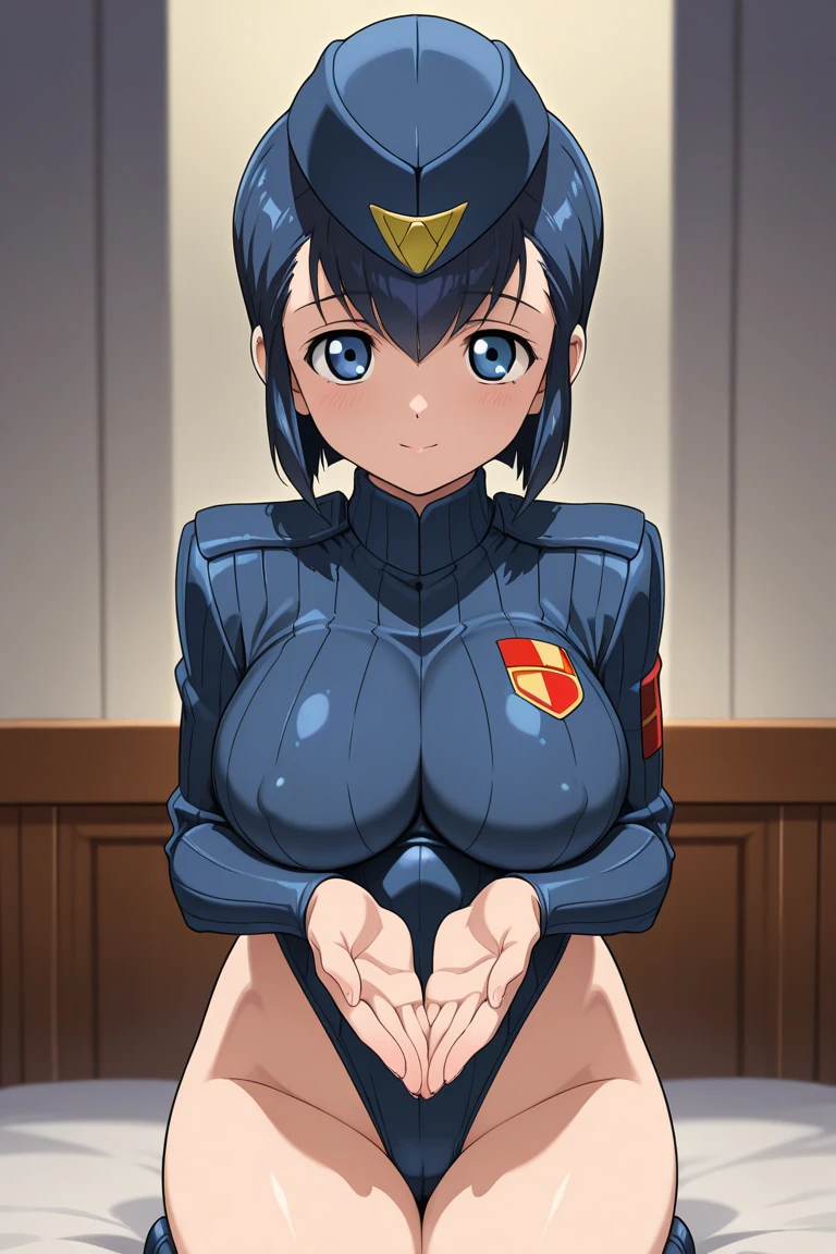 realistic, masterpiece, highest quality, perfect anatomy, (fine eyes), female police officer, huge breasts, Sweat, outdoor, ((navy blue sci-fi leotard、Navy blue protector white knee socks、black boots)), yellow eyes、bob cut、police hat、black hair , ((blush))、(wide hips),:d、 closed one eye、right hand salute、Left hand on hip、wide ass、((((embarrassing)))), city、kneel down