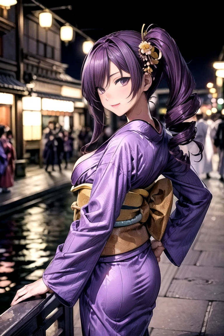 Best Quality,High resolution,8k,finelity detailed background,Masterpiece:1.2),beautiful girl,Shiny purple hair,bob cut,Purple Eyes,Gentle look,A refreshing look,smile,Best quality,Best Quality,Aesthetic and aesthetic:1.2,Best details((Super detailed))(High-definition CG illustrations),kimono,yukata,Slender body,night,festival,smile,blush,cute,Scrounge,Looking up,Being spoiled,super model