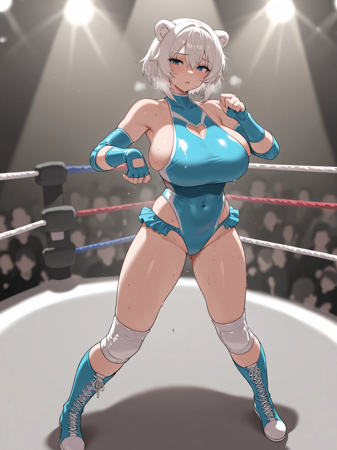 Masterpiece、Highest quality、Full Color、Photorealistic、とても分厚い筋肉女子wrestling、Dynamic Pose、leotard、Dazzling Light、wrestling、An enthusiastic crowd watches、Two very thick muscle girls in sheer latex wrestling outfits are spanked in squatting position and faint from intense orgasms、very macho、Sweaty, intense orgasmic pleasure、Sweaty orgasm with intense convulsions、Composition from below、