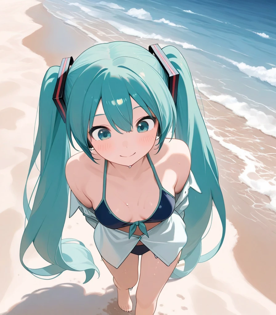 Hatsune Miku 25 years old Smiling Completely naked Sitting on the beach Completely bare breasts Nipple patches cover only the