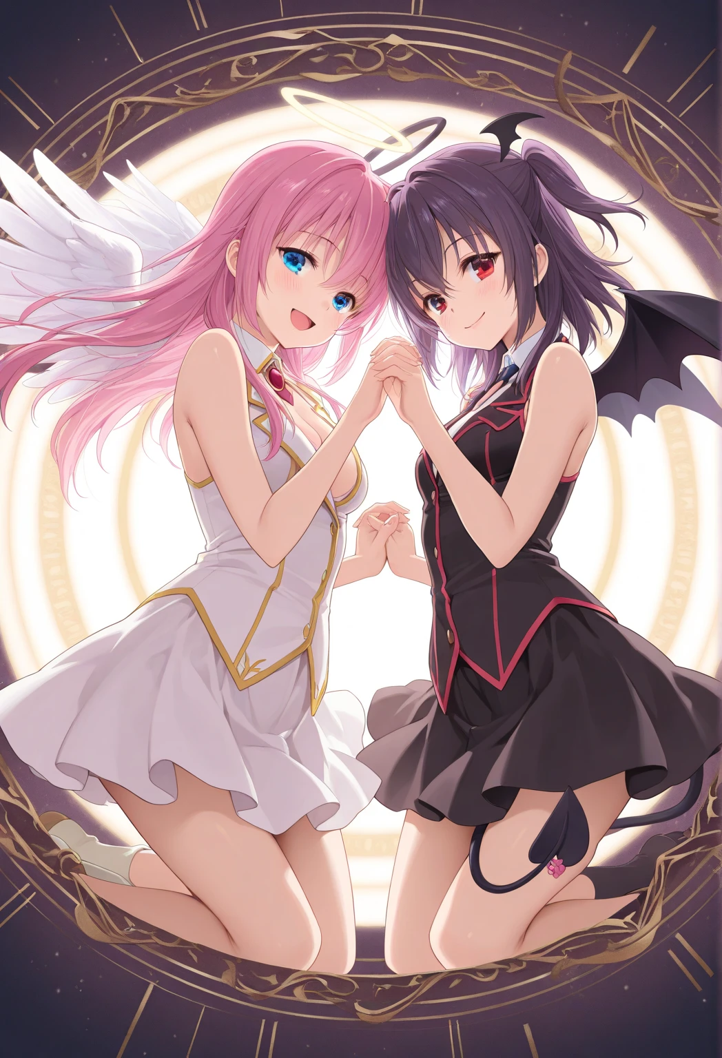 (ultra-detailed CG art, masterpiece, best quality),(dynamic pose, dynamic angle, high resolution, floating),2 girls, one in cute pink and white clothes, the other girl in gothic black and purple clothes, one has devil horns and tail the other girl has angel halo and wings, red eyes, green eyes, best illumination, dramatic lighting, colorful backdrop, fantasy scenery, fishnet gloves, detailed background, strawberries and cherries are part of the theme, cute perfect face, big eyes, serious expressions