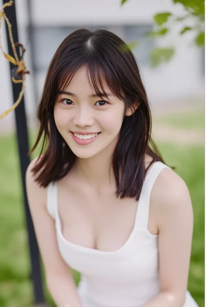 (8k), (highest quality: 1.2), (Realistic), (Realistic: 1.37), Ultra-high resolution,RAW Photos、 1 girl, Head to knee photo、cute, smile, Mouth closed, Beautiful details, Beautiful Nose, whole body, Wet Hair, Giant Dulcefo, pork, , (Small breasts)、Flat Chest、Breast like a 、Tight white blouse that clings to the breasts、pastel cardigan、Nipples are visible through the、Voluptuous thighs、dolly make、Odd Eye、Heterochromia iridis