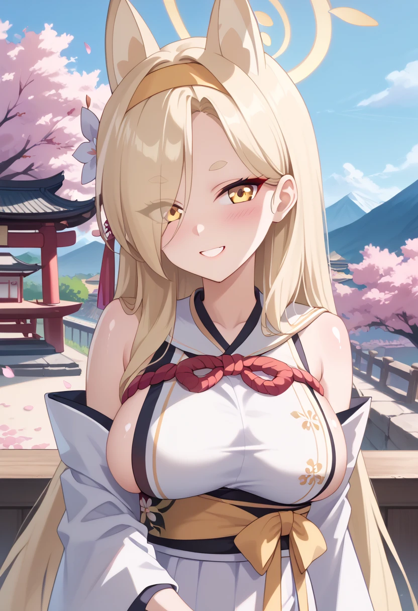 orianathomason, oriana thomason, blonde hair, blue eyes, long hair, 
 blush, lipstick, jewelry, earrings,  Hot girl, baddie, mean girl, sensual, attractive, masterpiece, best quality, highly detailed, a anime girl in kimono dress ,holding sword, bare
shoulder,open kimono, evil smile, open mouth, crop top , (nsfw) not safe for work, smile, ecchi anime
style, anime girls, ecchi style, ecchi, digital anime art!!, in anime style, official artwork, visual novel cg,
beautiful anime girl, anime style 4 k, kimono pencil skirt, exposed belly, exposed navel,
exposed midriff, exposed lower belly, outdoor, japanese architecture, temple