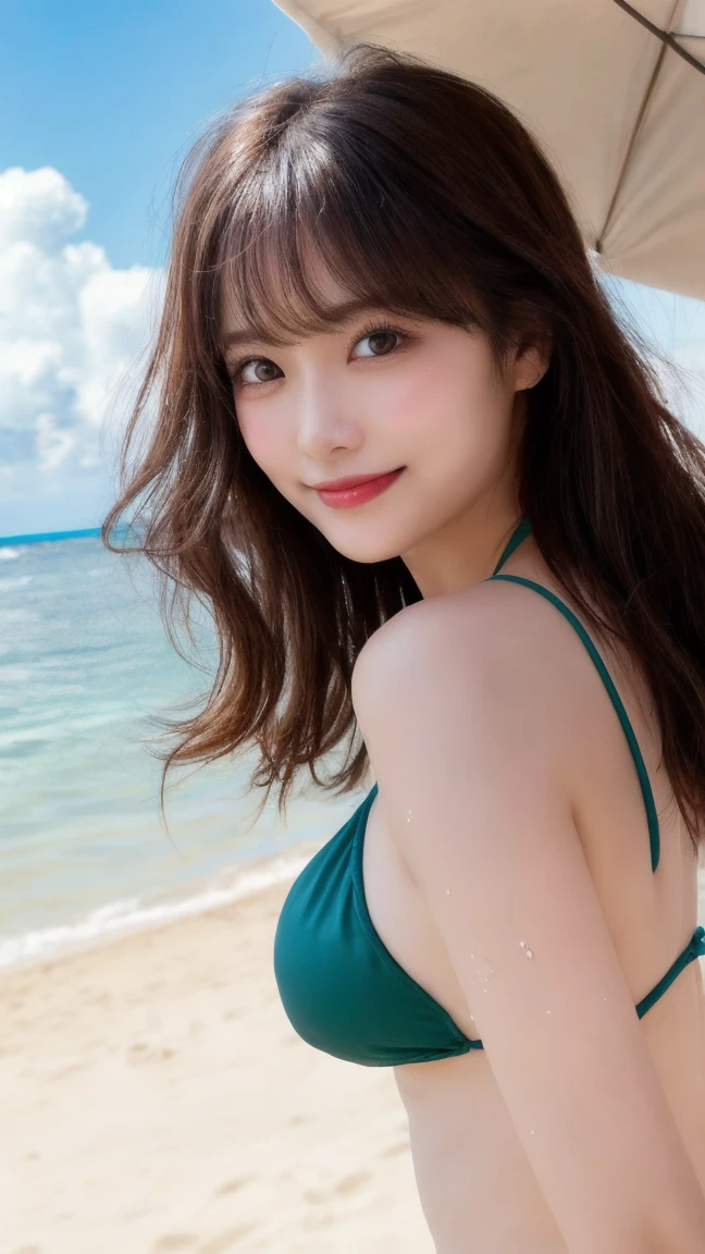 muste piece, best quality, illustration, Super detailed, fine details, High resolution, 8K Dende Wallpaper, perfect dynamic composition, beautiful detailed eyes, she is wearing a black bikini swimsuit,medium hair,natural color lip, shy smile,Harajuku style、20 year old girl、There is only one person, bust up photo、Correct posture、stretch your back、Never show your hands、Stand up straight、cute type、looking at camera、C Cup、brown hair、Don't touch it、Blurred sea water background、green 0%、Copy Space