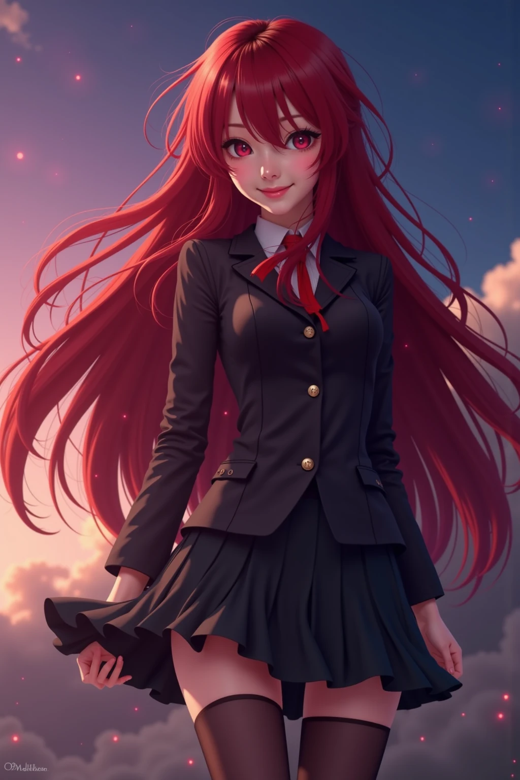 anime girl with long red hair standing on legs, Macross Delta, Broken Sky cinematic, Katana Zero video game character, Macross Delta splash art,  screenshot of the animated movie , Movie opening shot, Gainax anime style, The mystic (As Mystique) is Krenz Kushart (Krenz Cushart , Cinematic Keyframes, Zone of the Enders,  Gore Animation , Animated keyframes