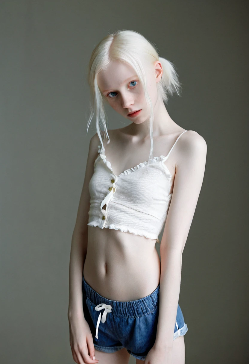 A 16 y.o. trashy girl, ginger girl, very pale skin , very bulging eyes, very thin girl, backlighting,(pink hairpins in her hair) and two pigtails, one on each side of the head,nose ring piercing, sun, backlighting, very pale skin full of freckles, very bulging eyes, ginger hair, very very very thin legs and very very very thin arms, swimming gracefully at abandoned city ruins in the background, sun, serene and mysterious atmosphere, 8k, vibrant colors, cinematic lighting, photorealistic, concept art style