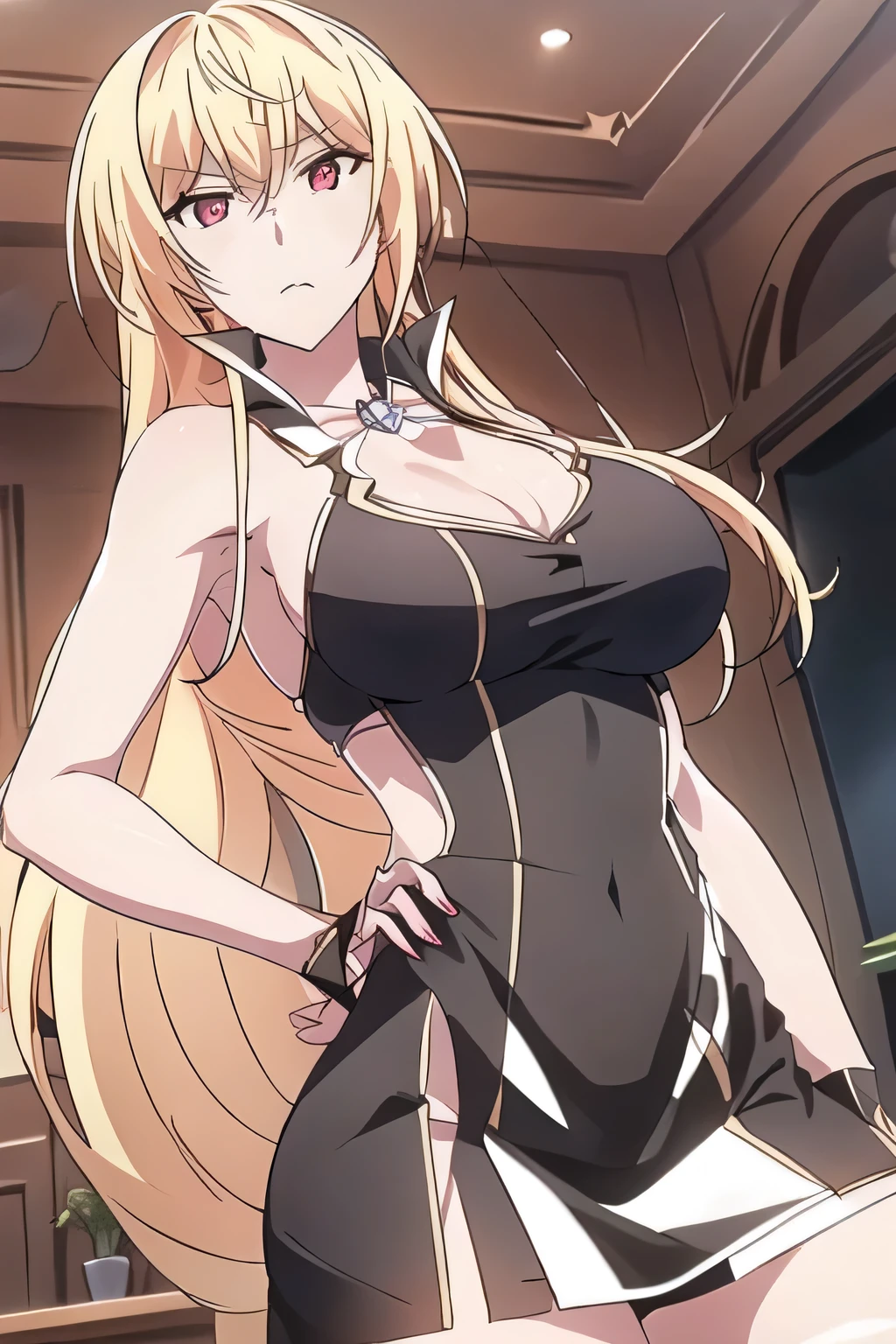 Blonde,Blondeのロングヘアーの女性は描けますか,,can you draw big breasts even bigger, , With a ruthless look, Hitman, Assassin ,can you draw a woman in a black sleeveless miniskirt dress,With a ruthless look,I need a face so much,,