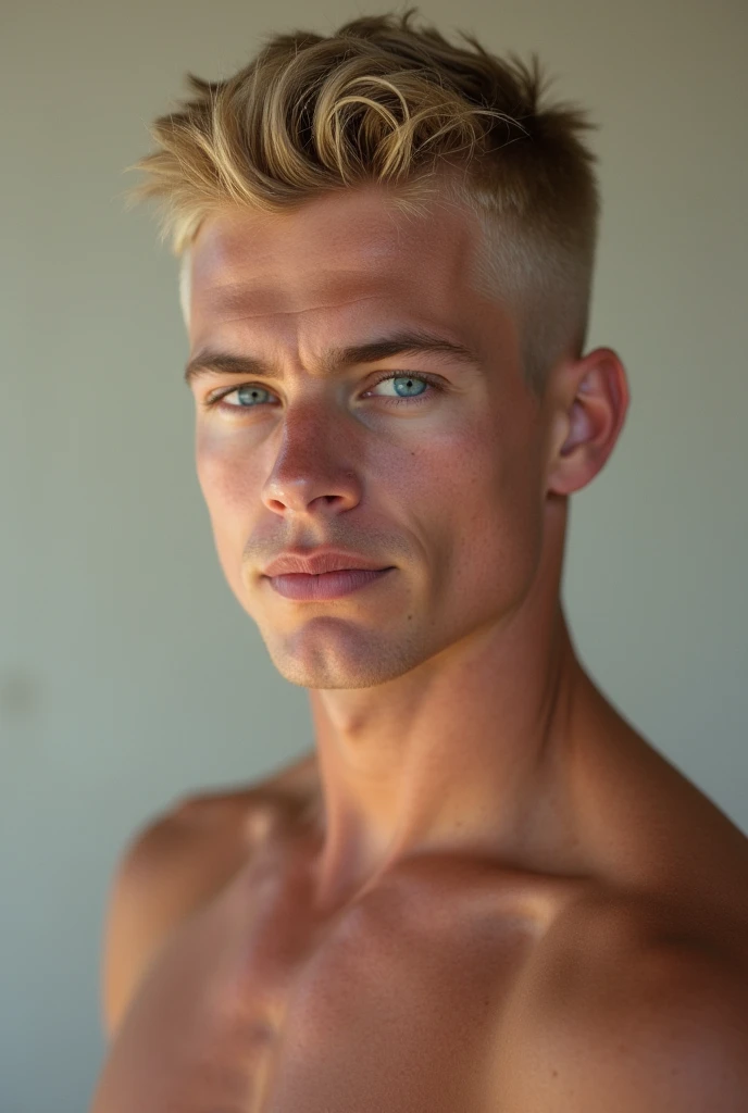 Man, 20 years old, blonde, sexy pose, muscle man, handsome, look to the camera, in a studio, detailed image, no shirt, with underwear, uhd, 16k