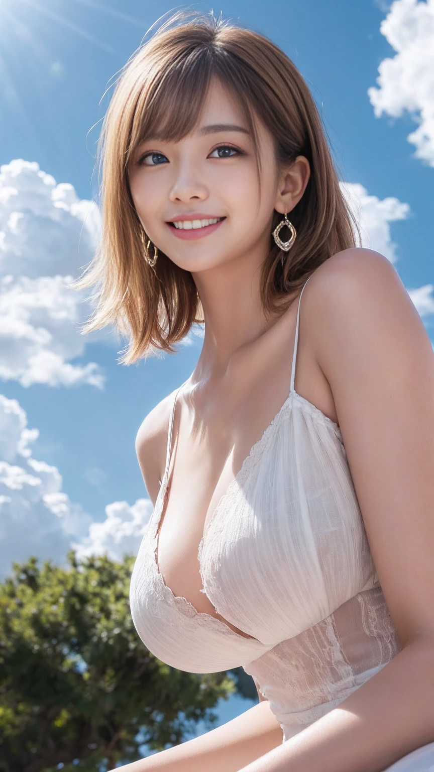Highest quality、Precise beauty、Beautiful long hair woman、The most beautiful woman in the world、Beautiful and sharp face、21 years old、Blonde、Blonde Hair、Smooth super short hair、Very detailedな顔、Cute Smile、Beautiful and exquisite、Ample breasts、T-Shirts、necklace、Semi-backlit、High resolution、8k wallpaper、Gesture to brush hair, Very detailed、masterpiece、Very bright photo、One Woman、Shorts、Big Ass