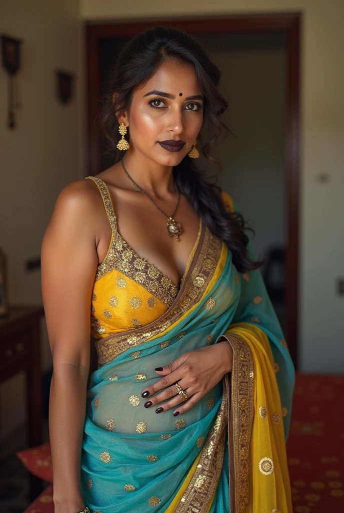 A Solo Beautiful Mature Hot Indian Bhabhi Women wearing Black  Blouses and Blue Sarees ,Black Lipstick , Little Chubby . Huge and Big .( Standing )( Realistic ).( Outside Views ).