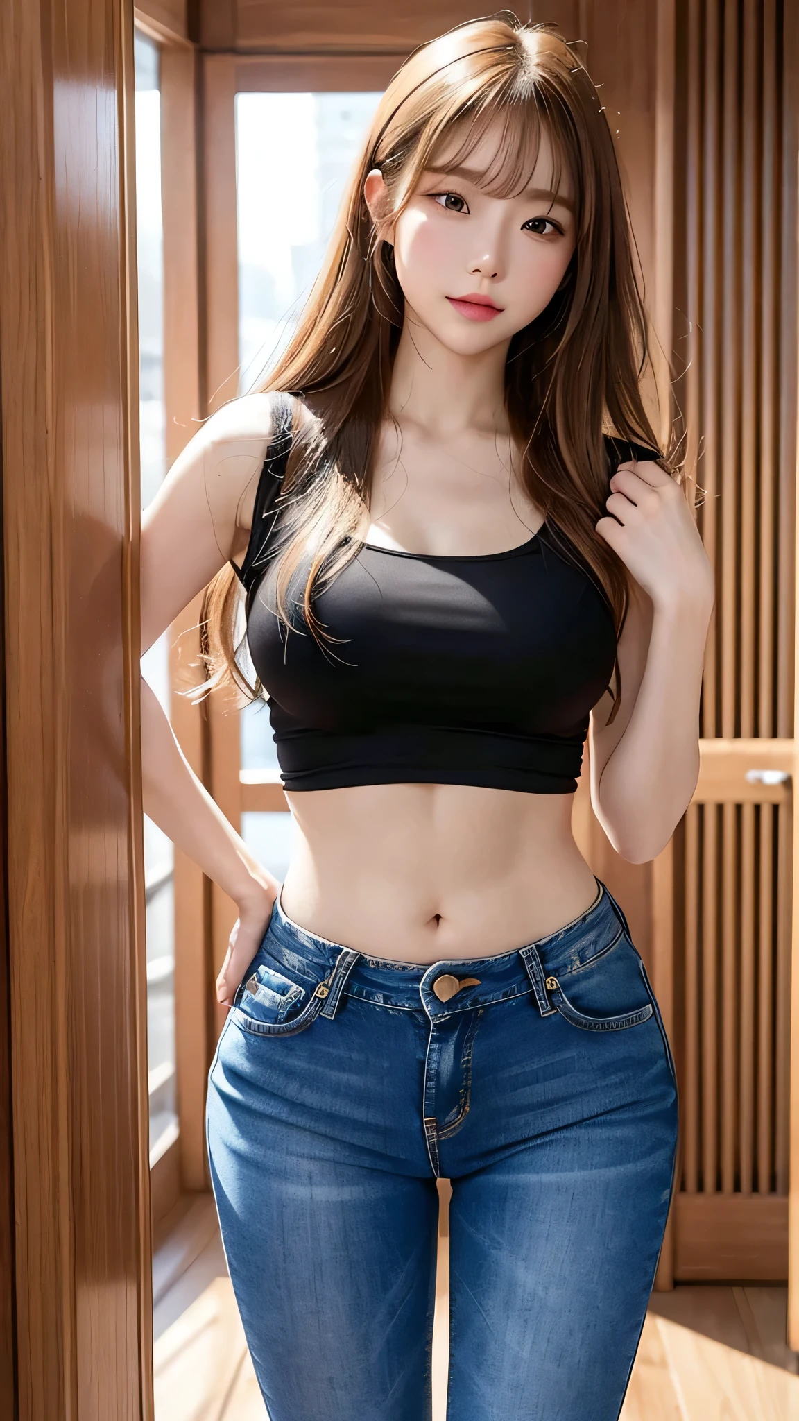 ((Girl's bedroom:1.2)), (8k, RAW Photos, Highest quality, masterpiece:1.2), (Bun twin tail), alone, Looking at the audience, Viewed from the front, ((性欲が強いhigh school girl:1.3))、Beautiful white skin, knees, Absurd face is small, Part your bangs down the middle, The forehead is visible, Glare, ((Cute ecstasy face:1.4)), Ultra-high resolution, cute, (Slender body line), (Outstanding proportions), ((Crop top and sexy pants:1.3)), high school girl, (Baby Face:1.65), Japanese women, Are standing, (Photorealistic:1.37), Photon Mapping, Realistic, cute顔が小さい, Brown eyes, prospect, Written boundary depth, Blurred Background, (I can see the bangs), Silky smooth hair, (Slim Belly:1.2), (Beautiful thin thighs:1.2), (Small beautiful butt:1.2), (Curved waist), thigh, Nogizaka idol, Idol, (Detailed hands:1.3, Accurate hands:1.3, Beautiful little hands of a girl:1.3), (Small small breasts:1.3, Beautiful underboobs:1.3), Super quality, Low people, (Clear white skin, Skin with visible pores:1.2), (Focus on the face), Check and correct the garment construction, (Perfect Anatomy:1.3), (Detailed eyes and face:1.3, Professional photography techniques), ((Beautifully shaped crotch:1.3))