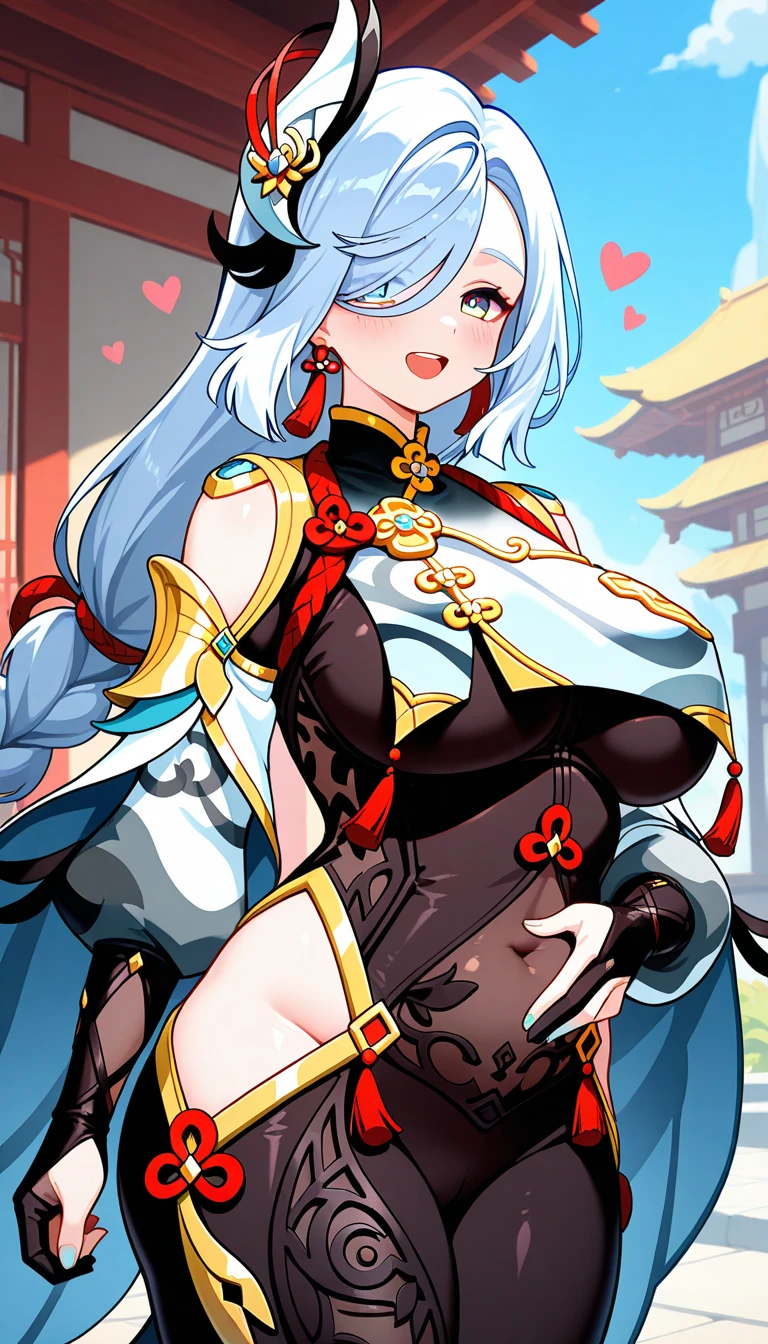 (holding a Japanese-style fan)、(red cat eyes)、Solo,Silver hair、(twin tail hair:1.5)、(ONI horns)、girl with horns、(SAMURAI),High Leg Armor、(((Japanese armor)))、(((Fishnet tights)))、cleavage、big breasts、 ferocious smile,open your mouth and laugh、fang、Japanese shrines、torii、sunset time