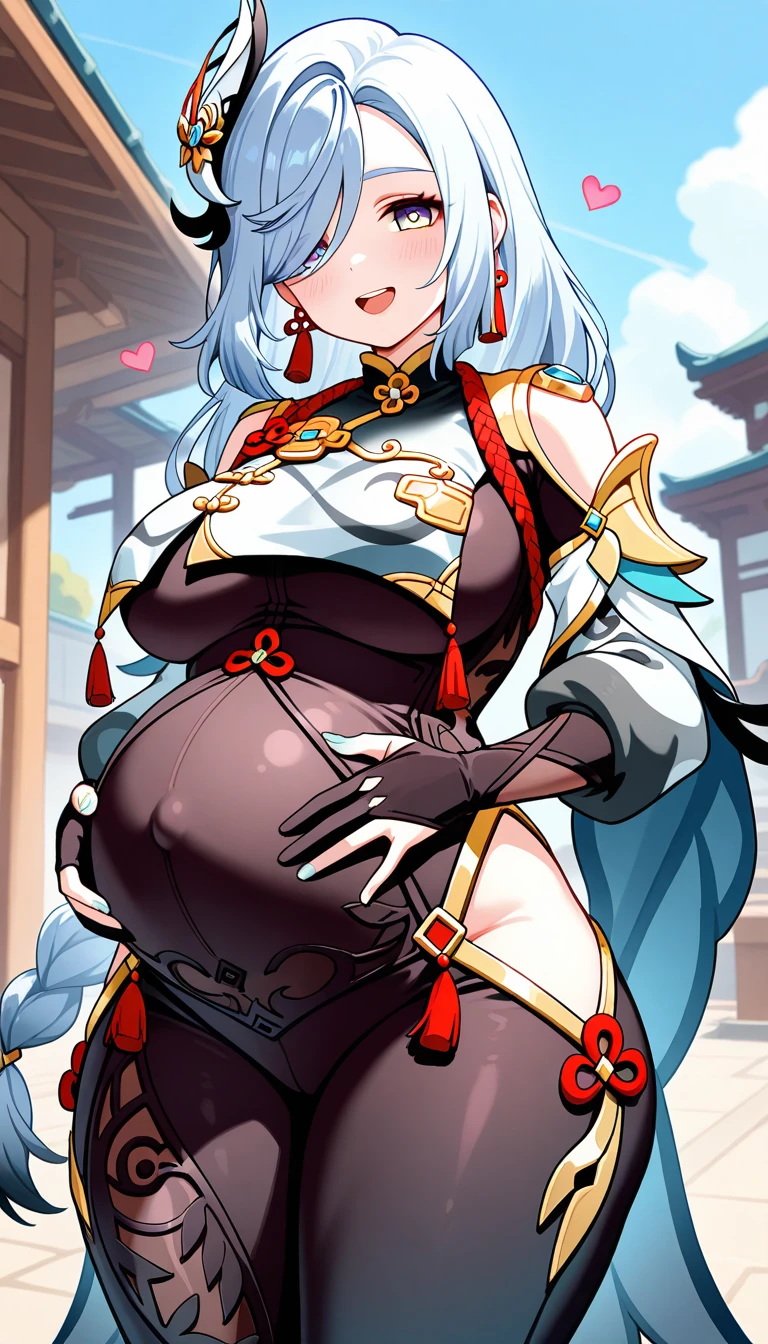 (((the best质量, high resolution, masterpiece, masterpiece, the best, high resolution))). A girl, solitary. (((I am a beautiful person, Cute girl with delicate white and silver hair, Short stature, slim, and anime faces))). Gorgeous white skin and medium-length hair,Tie it into a big bun. She has depth, Shining blue eyes,tilt. There was no expression on her face.. She has a medically correct body and youthful breasts. Her limbs are slender, Have the medically correct number of limbs and fingers. Her clothes were white,very short ((cheongsam)), Translucent and transparent, With a blue ivy pattern. Her clothes fluttered in the wind as she posed. Her background is a simple starry sky,Huge breasts,Pregnant