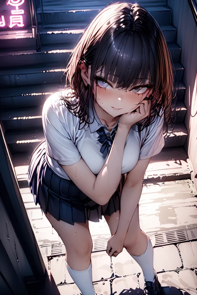 (((Perfect Anatomy, Anatomically correct, Very detailedな肌))), 1 girl, Japanese, high school girl, Shiny skin, 
Beautiful Hair, Beautiful Face, Beautiful fine details, (short hair:1.1, Bobcut:1.2), Dark blonde hair:1, blue eyes, Baby Face, Mole under the eye, 
Beautiful clavicle, Beautiful body, Beautiful breasts, Large Breasts:0.5, Beautiful thighs, Beautiful feet, 
((Long sleeve, cute navy sailor suit, Navy Pleated Skirt, Navy sailor collar, Blue Sailor Scarf, socks, Brown Loafers)), Captivating thighs, , 
((be humiliated, Embarrassing, Drooling, Open your mouth)), ((squat, Spread your legs, Roll up the skirt yourself)), 
(Beautiful views), building, 8k against the wall, highest quality, Masterpiece​:1.2, Very detailed), (Realistic), Beautiful illustrations, Natural light, (((Incontinent))), (((Peeing))), (((Peeing on your own))), (Pee drips from the crotch), Pee stains,