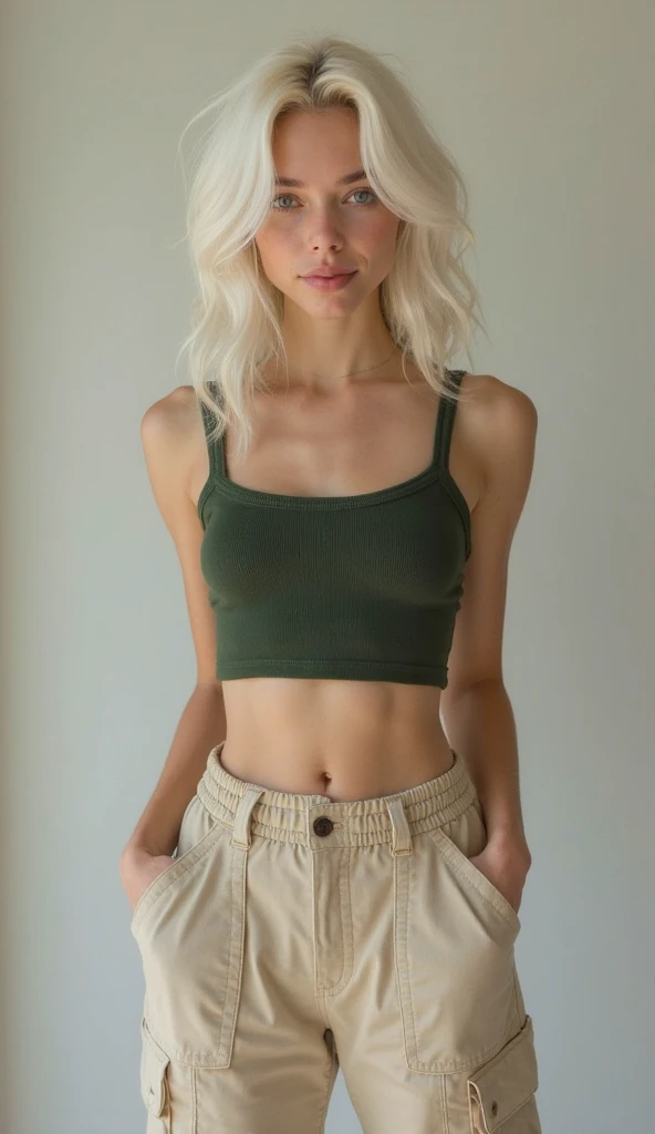 A girl with a green bra ,big tits,sexy,pretty,grey pants,White skin, a little thin,