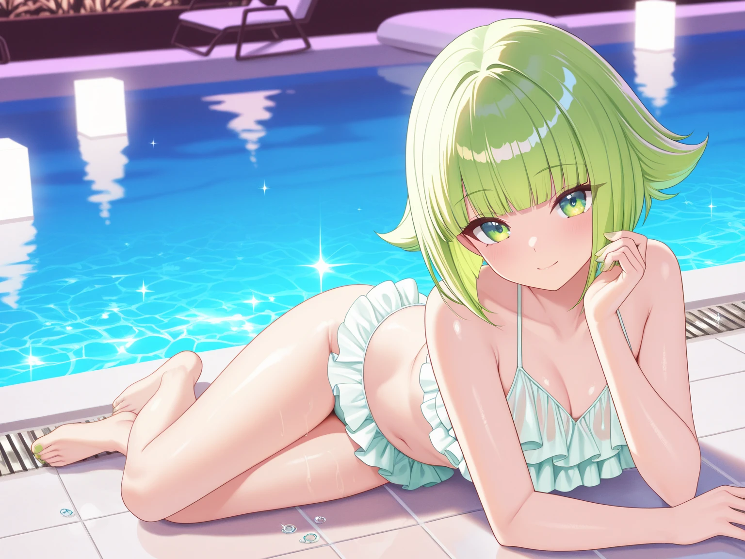 Masterpiece, best quality, , erotic , nsfw, white sexy swimsuit, show full body in water, beautiful legs, show vaginal rupture,,s, beautiful skin, hot naked, in a hot spring, steam, , fairy garden on the background, short green hair, curvy hair, green eyes