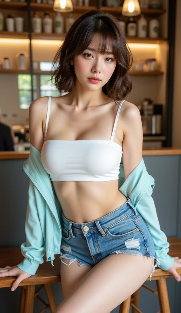 (masterpiece, Best Quality, ultra-detailed, high resolution, extremely detailed CG, official art, Professional Lighting, Perfect Anatomy, anime colors), (from below), looking at viewer, cowboy shot, perfect body, a 24yo beautiful girl, sidelocks, hairband, earrings,medium hips, glamorous body,a small face,beautiful-makeup,Makeup light,dark brown hair, Amazing Cleavage, thin waist, cute ass, Raised sexy, small breast: 1.2 posed cleavage:1.2, (off shoulders,Denimbra,legginullnude), micro denim shorts, bare legs, nail_polish, pale skin, Waiting friend, (morning:1.5), tokyo, (convenience store:1.3), outdoor, (depth of field:1.3), contrapposto, (Hold a coffee in your hand:1.3),delicate beautiful face, Bright blue eyes, cute eyes, sparkling eyes, Big eyes, (perky chest:1.1), (pointed chest:1.3), looking at viewer,