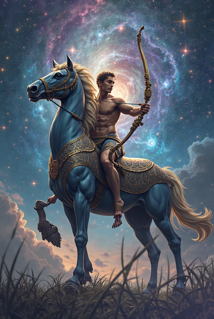 Illustration of centaurs with luminous lines, centaurs holding spears, stars and starry sky, constellations, constellation Centaurus, 1man, (a man wearing a shawl]1.3), Masterpiece, Best Quality, Ultra high Detailes, intricate details, 