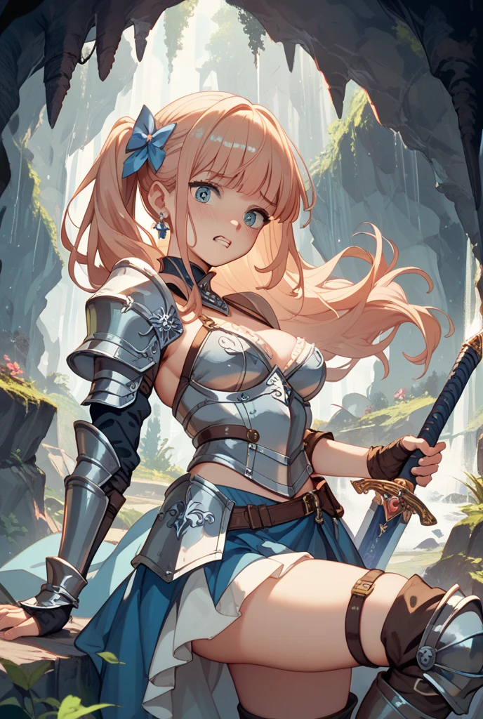 1woman, solo, long hair, big eyes, bikinia armour, bare stomach, bare navel, bare thgihs, knee armour, legs armour, イクイップメント round shield, sword, cave background,