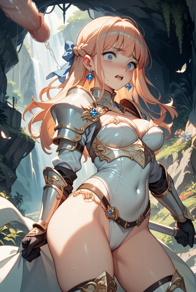 masterpiece, ultra-detailed, best quality, extremely detailed, 8k, high res, realistic, 1girl, 18yo, beautiful girl,BREAK,(Armor:1.8),(pink nipples:1.6),(blush:1.5),BREAK,(voluptuous bust:1.5),(Gaunt , thin waist:1.4),BREAK,(Navel exposed:1.4),(sweaty:1.3),