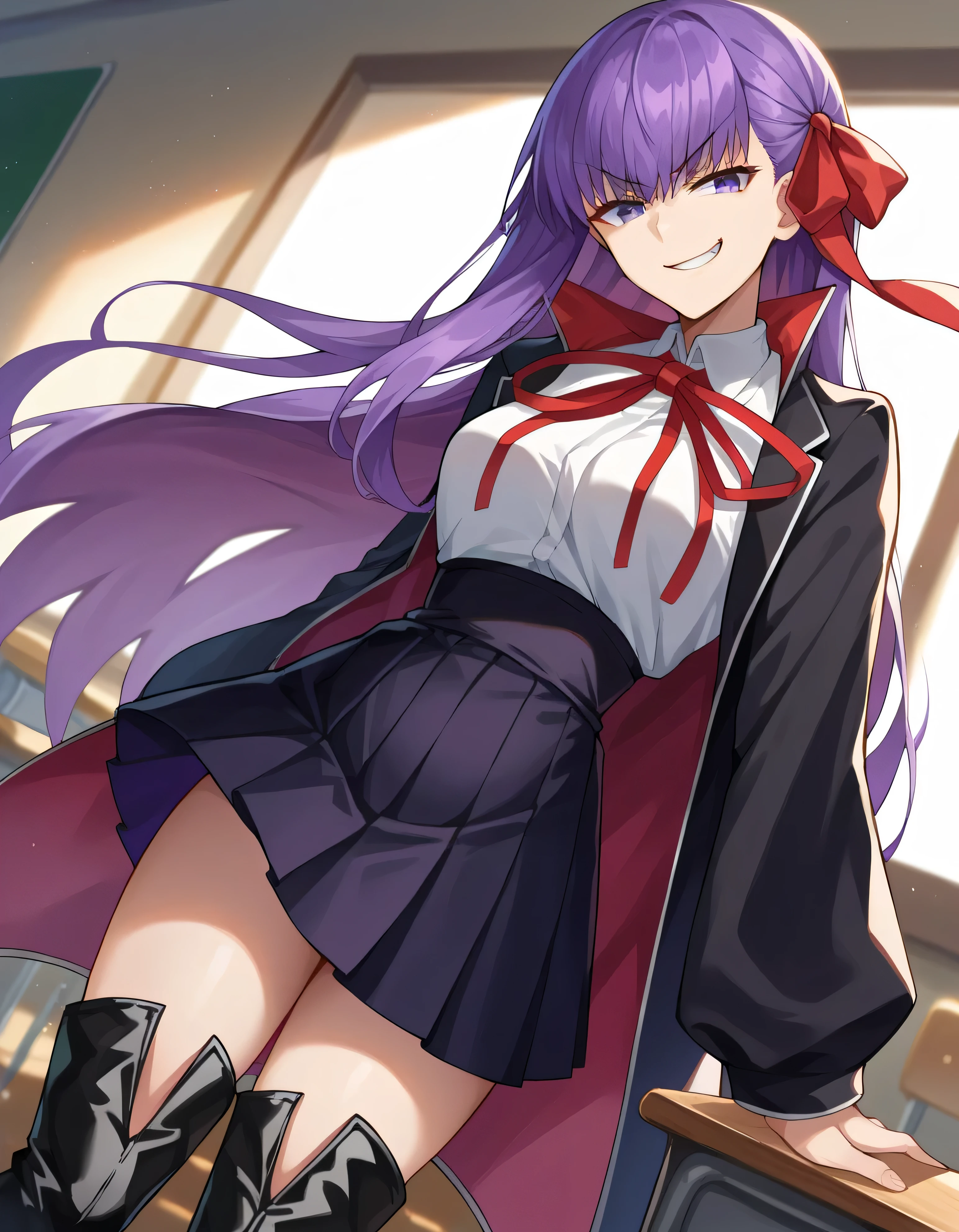 score_9, score_8_up, score_7_up, Source_Anime,
thick, 
bb, purple hair, Long Hair, bungs,
PURPLE EYES, black Jacket, black Skirt, collared shirt, hair ribbon, high-waist Skirt, Jacket, long sleeve, neck ribbon, open clothes, open Jacket, pleated Skirt, red ribbon, ribbon, shirt, Skirt, Sleeves Over the Wrist, white shirt, wide sleeve,
Indoor, Classroom, ,
stares at viewers, Dutch angle,(smirk:1.9),latex thighhigh boots,