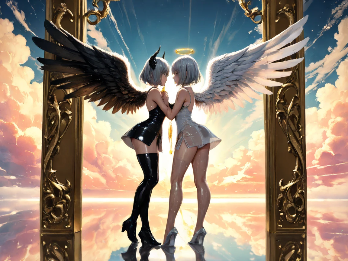 2girls,duo,super big eyes,raw photograph,realistic,faded freckle, 2girls,one girl has dark skin the other has white skin, the white girl has short white hair with pink tips, the other dark skinned girl has black hair with blue tips, {{{halo}}}, angel wings