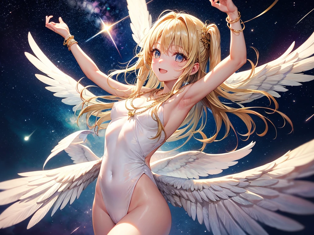 (masterpiece), (best quality:1.4), absurdres, [:intricate details:0.2], angel, angel wings, milky way, sky, shimmering aura, intense focus, crackling energy, mysterious symbols, sparkling motes,