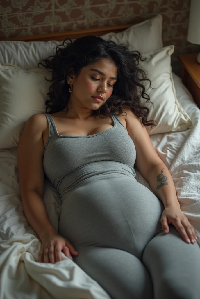 Extremely busty thin and toned brunette photographer, college girl, fair skin, loose updo, soft face, athletic, oversized hoodie, loose grey sweats.  Sitting on a couch, living room, windows, fish tank
