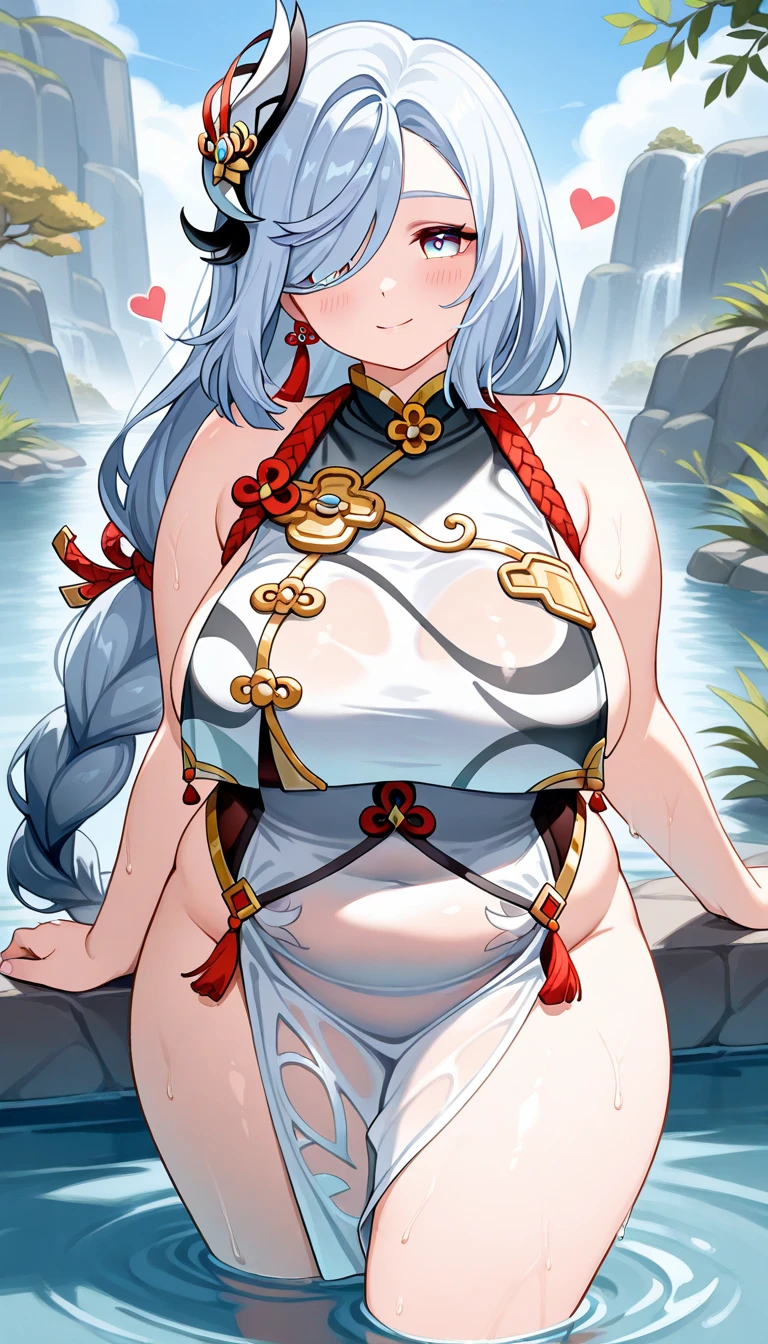 well-built,Create the best quality ,tmasterpiece, illuminations, Extremely Delicately Beautiful, very detailed nipples ,CG ,Yoon ,8k wallpaper, Amazing Cleavage, Detailed pubic hair, tmasterpiece,Best quality,offcial art,Extremely detailed CG-8k wallpaper,Ridiculous resources, Extremely ridiculous, The file size huge , ultra - detailed, A high resolution, very detailed nipples,Beautiful Meticulous Girl, Extremely detailed eyes and face, beautidful eyes,There light on the face,1 sister, (shenhe\genshin impact), (hyper realisitc), (((White hair))), (Single braid), Long gray hair, (eBlue eyes), ((Long bangs cover one eye)), (((hair on one eye))), (((Bangs cover the right eye))), ((jewely)), ((Tassel earrings)), (((Describe the arm in detail))), (((super bug)), ((long slim figure)), (), ((plumw)), (Detailed hair description), (of shoulders), ((鎖骨)), ((cropped shoulders)), (Glowing and radiant skin), (Detailed description of the face), (Ontology detailed description), (Fair and translucent skin), Peerless, (Ultimate beauty), (Redlip), (the shy ), ( ssmile), , ((collect petals), ((longer sleeves)), ((Wide sleeves)), thin linework, penetrated, ( In this#39;hot onsen), ((face to the viewer)), , ((any pose)), (sit down and soak in the water)), ((There a lot of water on the body))