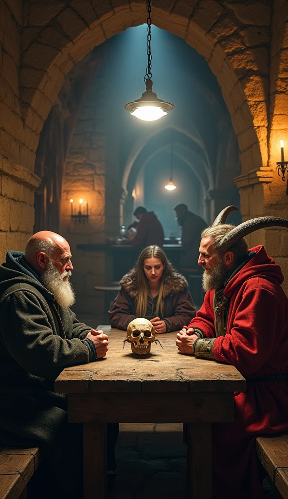 in a medieval tavern, 1female human, 1male elf, 1male orc, 1dragon humanoid, 1female halfling, detailed, cinematic lighting, photorealistic, intricate details, warm color palette, dramatic shadows, moody atmosphere, fantasy art
