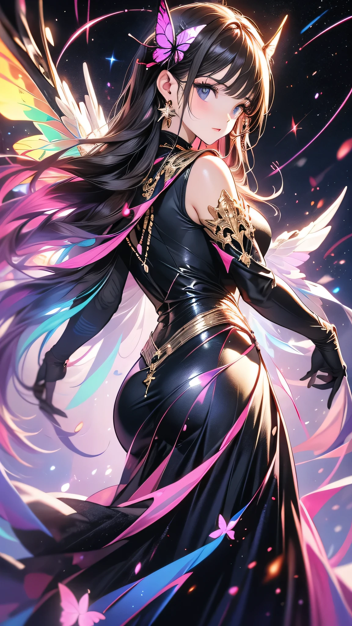 A beautiful woman with long purple hbright air, sexy dress, detailed facial features, high quality, photorealistic, cinematic lighting, dramatic colors, Put on a few pieces of mat.,big breasts,