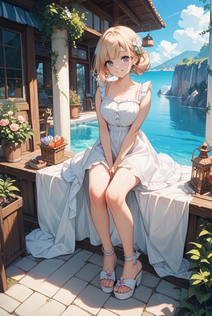 Violet, 1girll, Solo, view the viewer, Blue eyes, Blonde hair, (((Greek clothes))),,((((Bare back)))),(((looking at viewert))),(((Blue sky)))(((Large breasts))),(((Light blue high heels)))