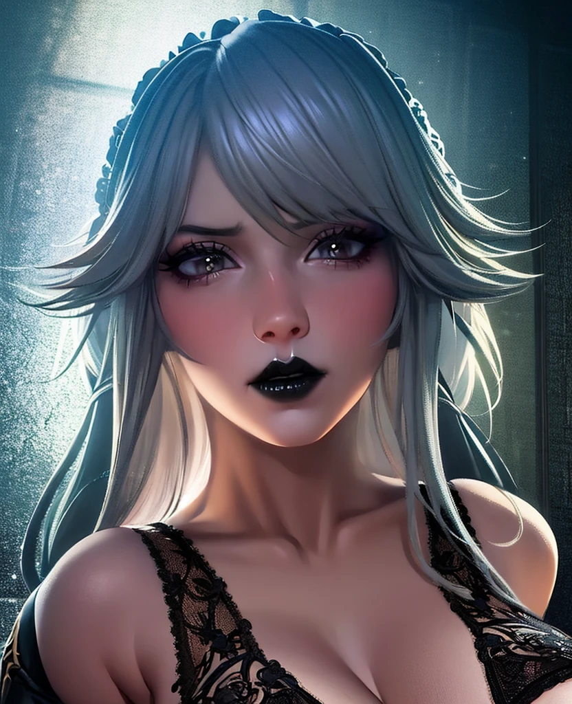 a beautiful busty goth princess woman,corset,white hair,dark streaked tears mascara,long lashes, white dilated feline eyes, tattoo,black short bangs,curly hair,(best quality,4k,8k,highres,masterpiece:1.2),ultra-detailed,(realistic,photorealistic,photo-realistic:1.37),portrait,chiaroscuro lighting,dramatic lighting,dark moody colors,dramatic colors