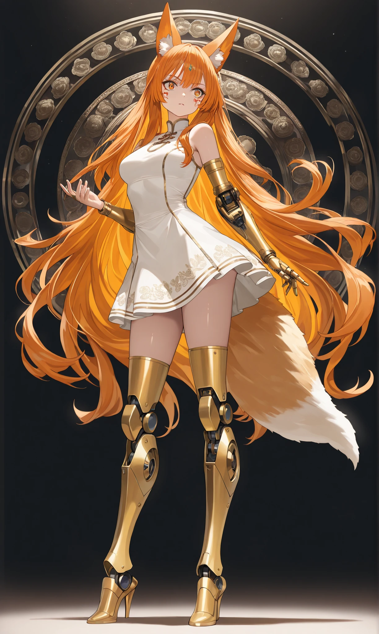 A young woman, likely Asian, is depicted in a stylized fashion illustration. She stands in a three-quarter view, positioned slightly off-center to the right of the image. The woman's complexion is light, and she has a serious expression. Her hair is white, styled in a spiky fashion. Her eyes are a striking yellow-orange. She wears a long, black, floral-patterned qipao dress with a white underskirt. The floral pattern features white peonies on a black background. Her body is sculpted with a lean build. Her attire is complemented by metallic, gold-toned armor and mechanical enhancements on her arms and legs; the armor is accented with black details. High-heeled boots are in sync with the armored design. The background is a plain, light gray. The lighting is even, highlighting the details of the character's dress and armor. The style is anime/manga inspired, with bold lines and detailed features. The composition is strong and creates a sense of power and elegance. The character's pose suggests readiness or alertness. A large, ornate gold-toned arm guard is on the right arm. The image's style is visually striking, with a focus on elaborate detailing.。Female figure (ethnicity:1.2), (age:1.1), (detailed clothing:1.2), (detailed skin texture:1.2), (accessories:1.1), (facial features:1.3), (expression:1.2), (body type:1.1), (pose:1.2) wearing a black and white floral qipao dress (detailed embroidery:1.2), with white fox ears and tail, (detailed hair:1.2), (long flowing hair:1.1), mechanical arm extensions (gold accents:1.1), standing in profile view (facing slightly to the right) and looking to the front, high heels, on white background with vertical lines, (detailed mechanical details:1.2), (mechanical leg armor:1.2), full length shot, (sharp focus:1.2), digital art, anime style, photorealistic style, (high detail:1.2), fashion illustration.