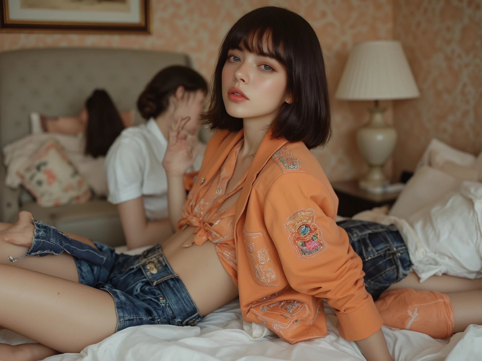 (8K, Raw photography, top-quality, masterpiece:1.2), master piece, best quality, illustration, Super detailed, fine details, High resolution, 8K,wall paper, perfect dynamic composition,(Details High quality, realistic depiction of eyes:1.3), ((2 girls, 2 schoolgirls)), The background is a luxury hotel room、High school girl uniform、blazer 、Super Short Check Uniform Skirt、Navy blue high socks、garterbelts、Colossal 、Disturbed uniform, Play with each other,Touching each other's bodies,Touching the body of the girl next door, (short bob hair:1.2), black hair color, huge breasts, Big Natural Color Lip, bold sexy pose, (perfect body shape), crying a little、cold gaze, Beautiful makeup,glitter makeup,Cutest 18 years old, beautiful legs, hposing Gravure Idol, Voluptuous thighs