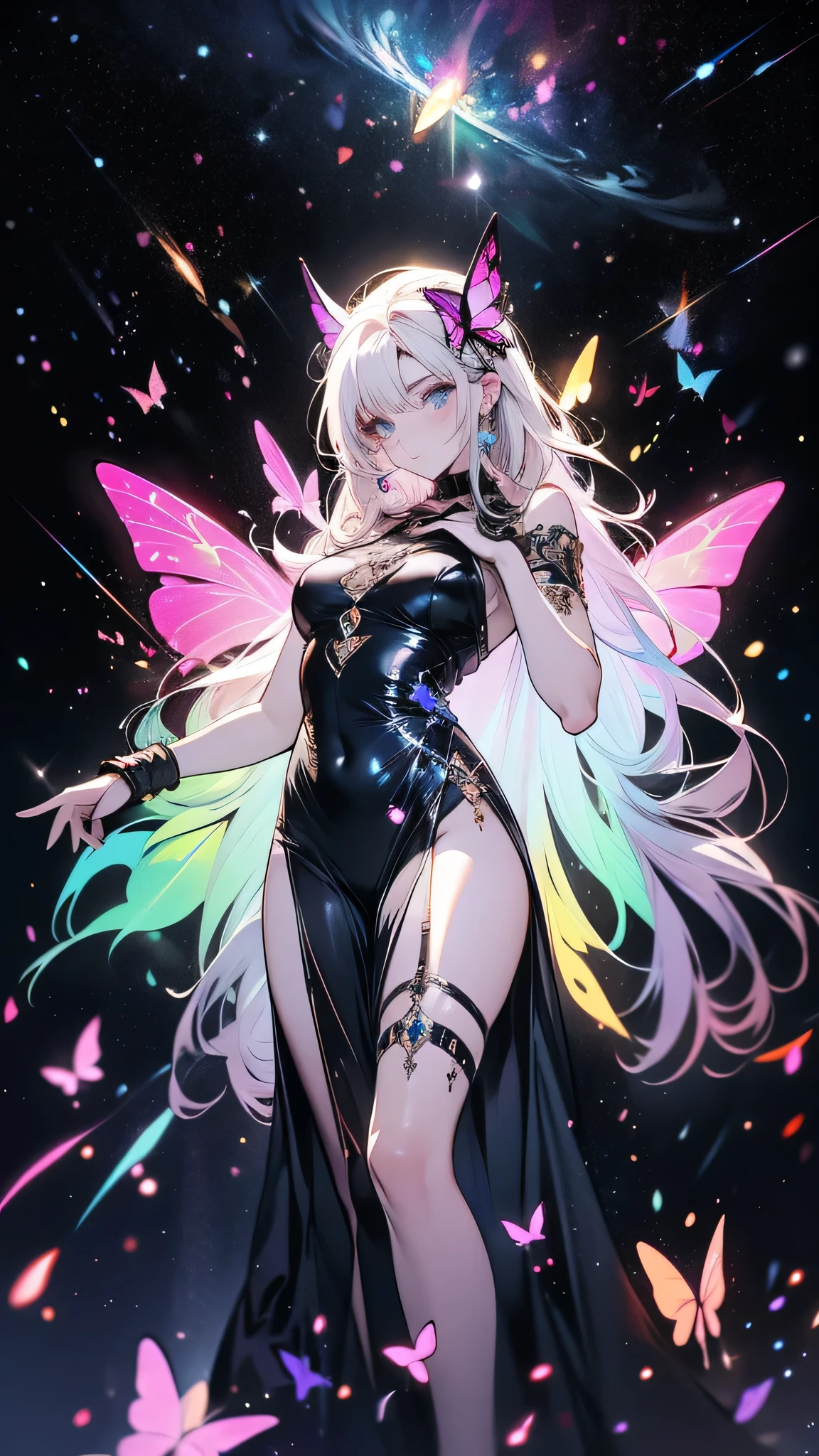 Female, I am a beautiful creature, clad in butterfly wings. They are colorful and stunning, with a halo made out of rainbows. I have white, long hair, twin ponytails, and rainbow eyes. My skin is pale white, like milk. I am curvy, yet soft in appearance. My nails, are a rainbow-like hue, and I often wear bracelets and anklets matching my wings' colors.