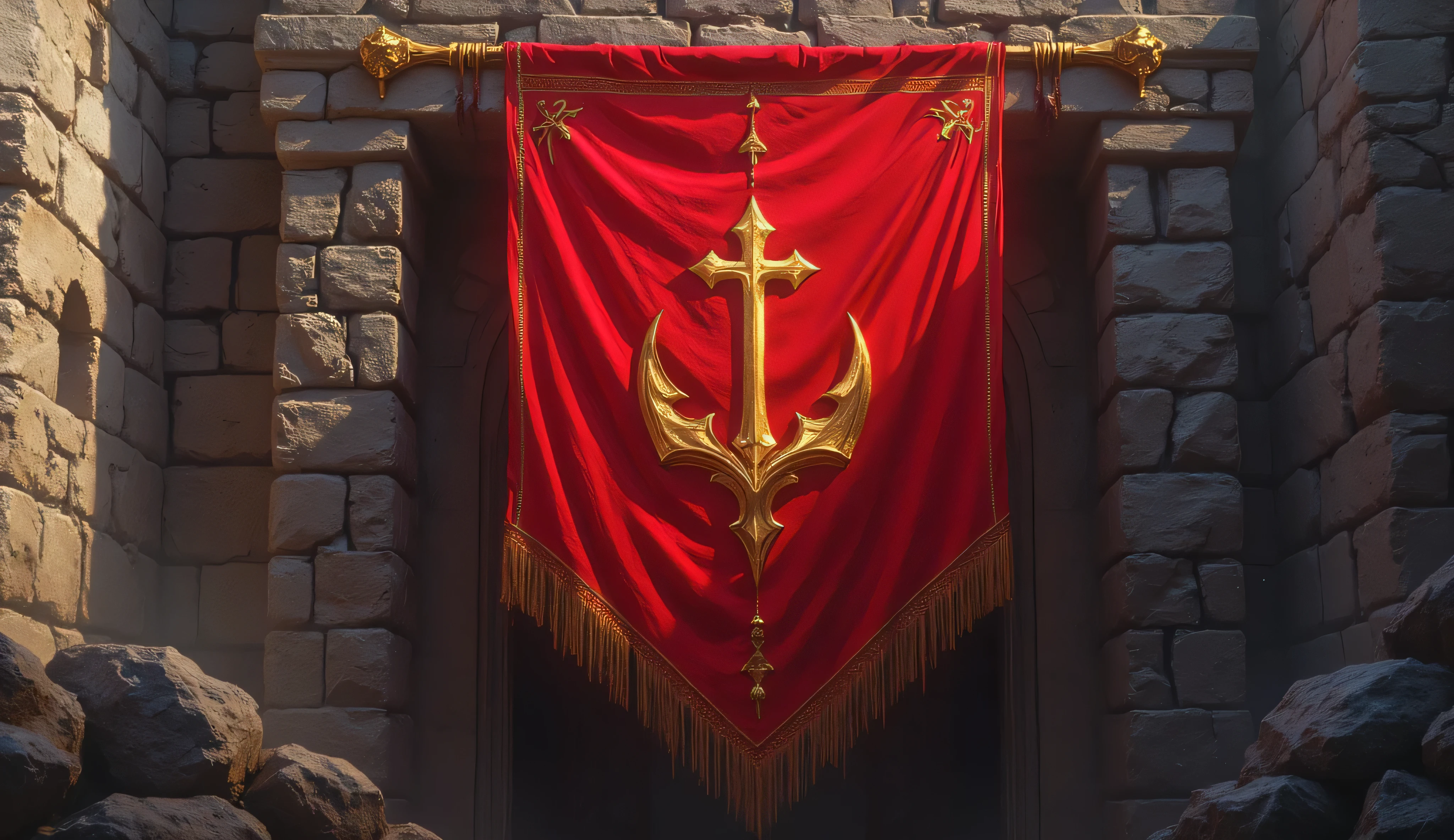 detailed CG unity 8k wallpaper, best quality, masterpiece:1.2, (a fantasy kingdom banner, scarlet with gold accent, hanged on the castle wall, close-up, minimalist design). anthr0dnd, aidmafluxpro1.1, concept art, 8K post-production, high resolution, vivid color, ultra sharp focus, HDR, intricate