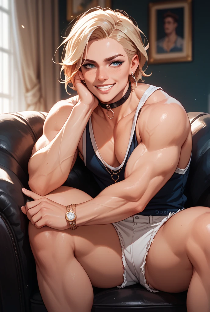 (a high resolution:1.5),(super realistic:1.5),(skin texture:1.5),(dark skin:2.3),(Athletic young man seduces you with his lust:1.95),(ecstatic expression:2.2)(Look here:1.3),Beautiful muscles, Constricted Waist, perfect male buttocks:1.35)、(rosy cheek:1.15), (Beautiful red lips:1.25),(quality shiny hair:1.6),(layered hairstyle:1.15),、Sexy panties、necklace on the neck、bracelet on the wrist、(Earrings:1.05), lying on his stomach