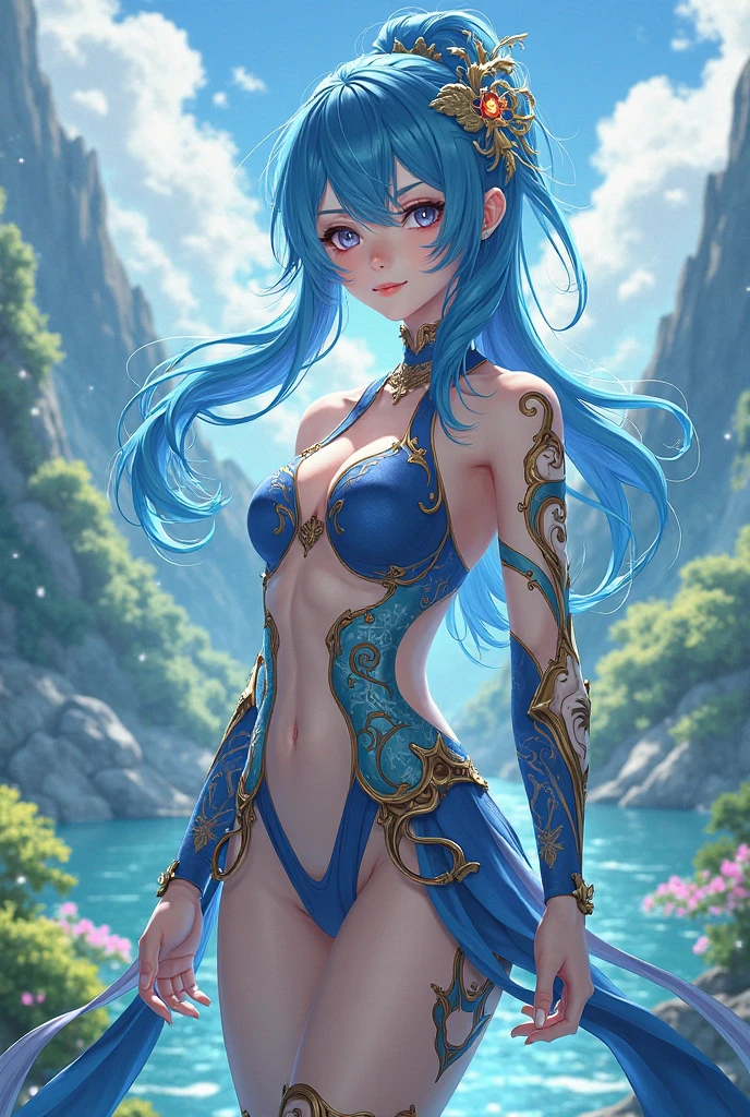 1 girl, adult, long silver hair with bangs, quiet, small breasts, water, mermaid tail, half in water, fish fins on head, see through fish scales on skin, river, mystical, looking at viewer