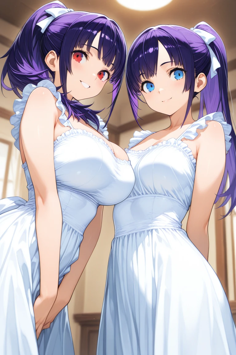 She is 18 years old, long dark violet hair, lilac eyes, huge breasts, wearing a blue dress with lilac fabric, looking into the mirror while remembering what Cristalina and Galina told her about their mission..hentai