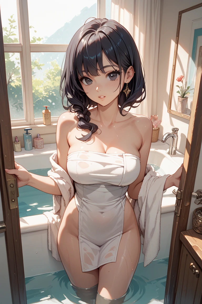 SFW,(8k, RAW photo, best quality, masterpiece, soft cinematic lighting, soft color:1.6),(ideal ratio body proportions:1.8),(from behind above:1.5),(looking back at camera:1.8),(sitting:1.5),(spread legs:0.5),(beautiful eyes focus:1.8), (realistic), (dilapidated japanese old house bath room background:1.6), (solo, mature woman,20years old,super beautiful face,super detaild beautiful brown eyes :1.8), (detaild sheer white Slip Dress:1.6),(coverd nipples:0.5),(embarrassed,red Cheeks:1.25),long hair, {{slicked back hair}}, white blonde color hair, clean skin, (smaller butt:1.6),(coverd nipple:0.9),(sagging huge long wide heavy breasts:1.5),(under boob:0.8), ( Perfect body skinny beauty: 1.5),(open mouth:1.1),(temptation pose:1.8),(heavy breathing:1.5),