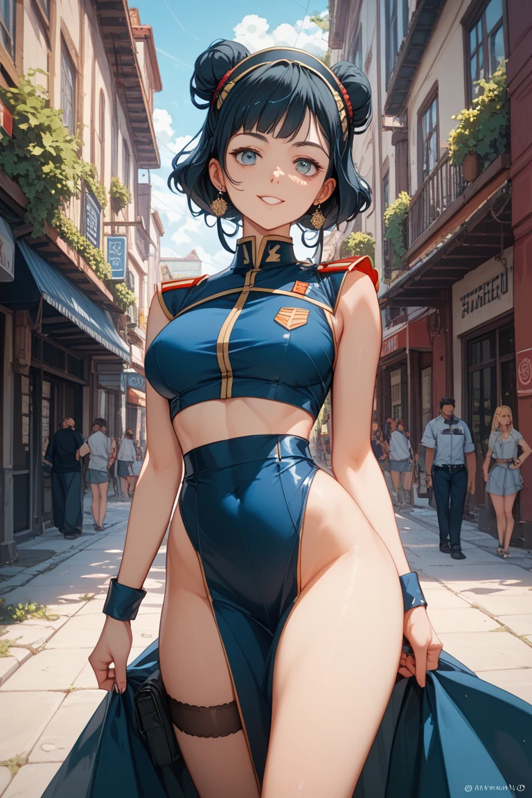 ((extremely detailed illustration)), highres, ((extremely detailed and beautiful background)), (professional illustrasion), (official art), ((Ultra-precise depiction)), ((Ultra-detailed depiction)), (beautiful:1.2 and aesthetic:1.2), beautiful detailed, intricate:1.1, nice hands, perfect hands, zentangle,
(young girl), ((kawaii)), baby face, (highly detailed beautiful face and eyes, big breasts, firm breasts), oily skin, ((black hair)), ((black eyes)), ((bob with (short ponytail hair))), thin pubic hair, cute lovely, (cheerful disposition),
((simple clothes)), (((green:1.3) (highleg:1.3) bodysuit)), ((sleeveless:1.3)), (((red:1.1) combat gloves:1.1)), (combat boots:1.2), ((red beret:1.2)), ((bare legs:1.3)),
A panoramic view from a high-rise building capturing the modern architecture, skyscrapers, bustling streets, and a network of roads with vehicles.,