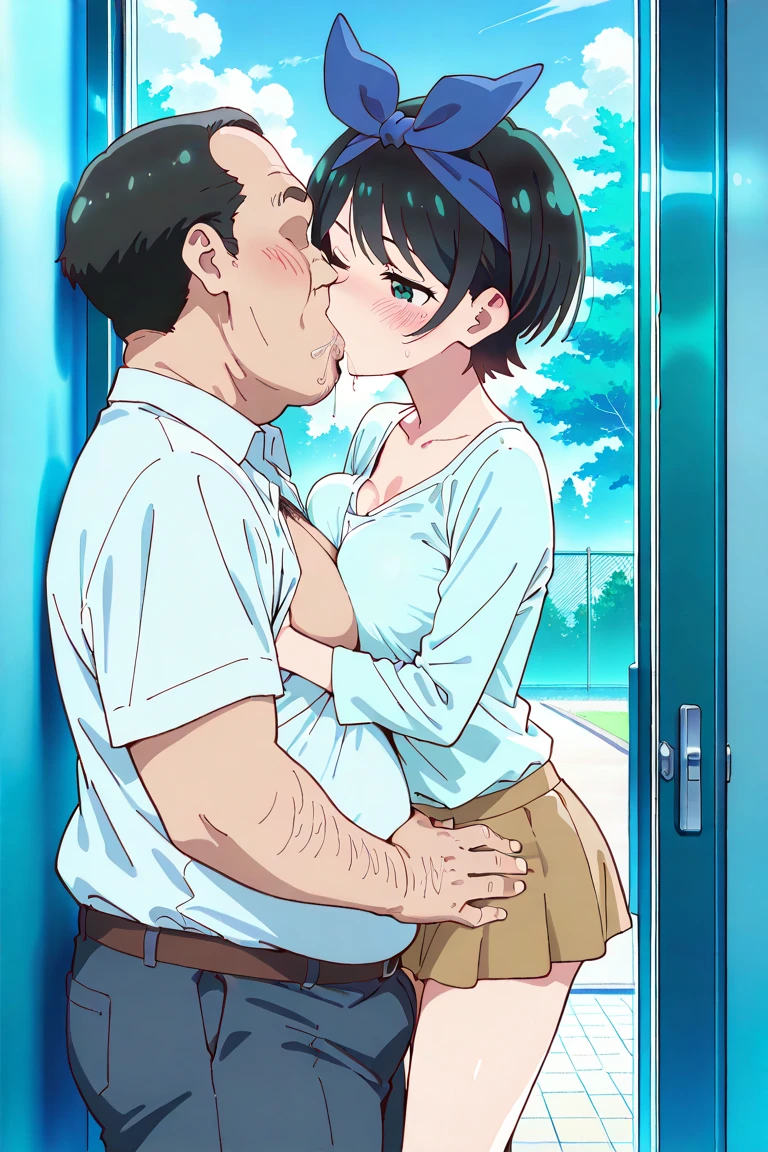 Inside the train、Crying girl with black bob hair、clear、Upper body naked、Nipples are erect、Pale pubic hair、Floral Panties、Checked Skirt、My breasts are grabbed by a naked middle-aged man、whole body、classroom、Shyness、resistance、fear