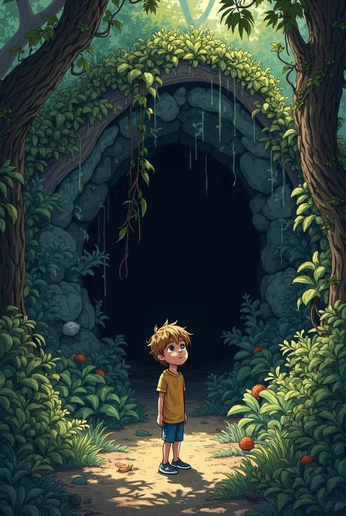 boy with a light blue shirt and shorts and boots crouching behind a bush looking at a cave in the forest