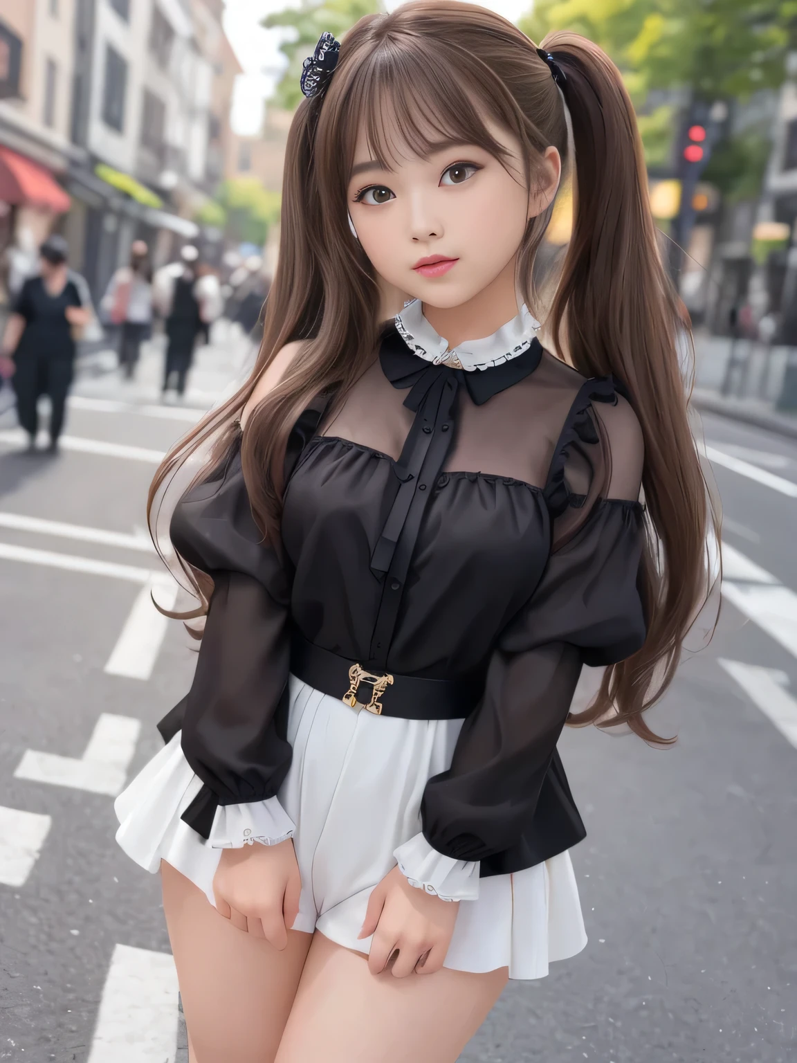 (Highest Quality)、masterpiece、hyperrealism、Great highlights、(Princess)、 features a woman with sex appeal、The Girl Is Seductive、 Glossy Brown Hair 、Middle Twin Tail、cute、lips、see-through street fashion、Panchira、Chubby Glowing Thighs、open legs and look embarrassed、amazing beauty、 Taken with X-T4,85mm,blurry background,
